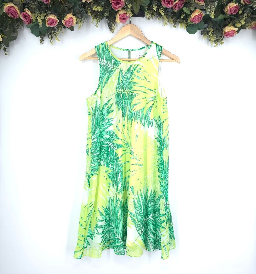 Calvin Klein Women's Green Tropical Botanical Leaf Print Sleeveless Dress 8